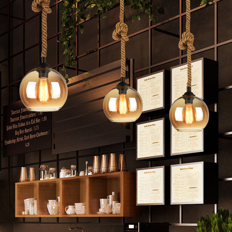 Retro Hemp Rope Glass Globe Pendant Light 1-light