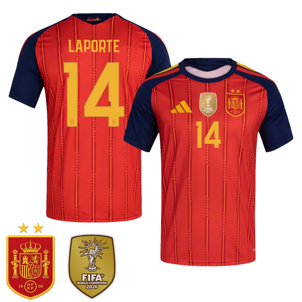 Camiseta local masculina de España campeona del Mundial 2026 con dos estrellas – Aymeric Laporte #14