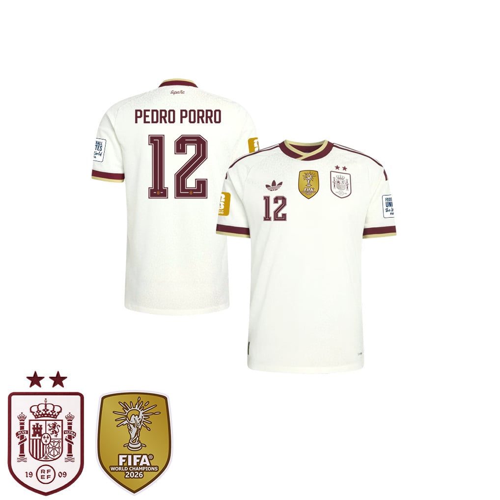 Spanien 2026 Zwei-Sterne-Weltmeister Kinder Auswärtstrikot – Pedro Porro #12