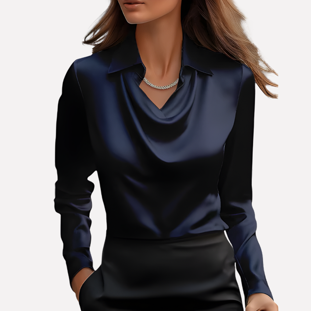 Dame Satinbluse med Draperet Krave