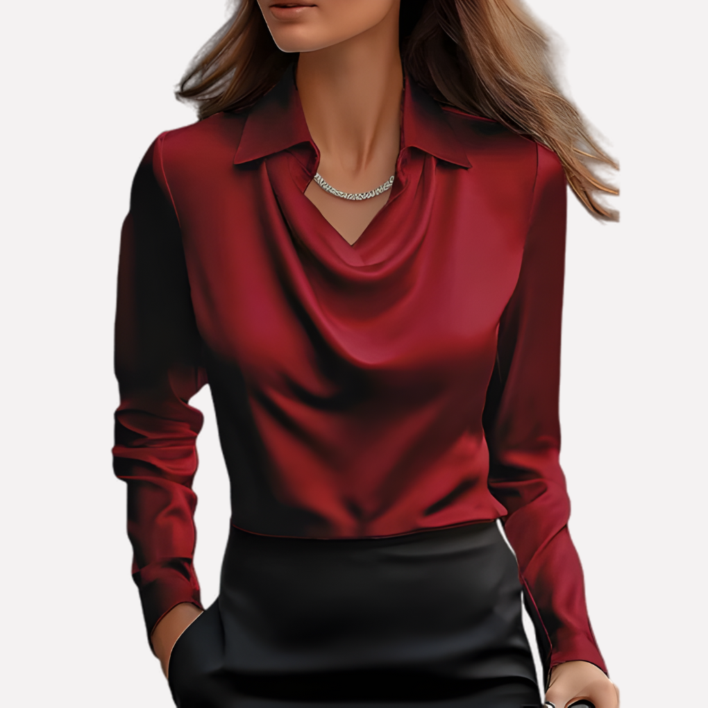 Dame Satinbluse med Draperet Krave