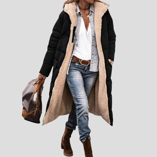 Cappotto invernale lungo reversibile da donna – Con cappuccio e fodera in pelliccia sintetica