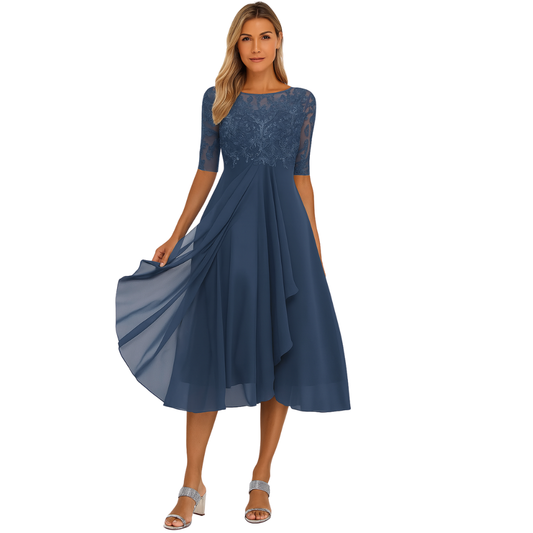 Abito midi da donna in pizzo e chiffon