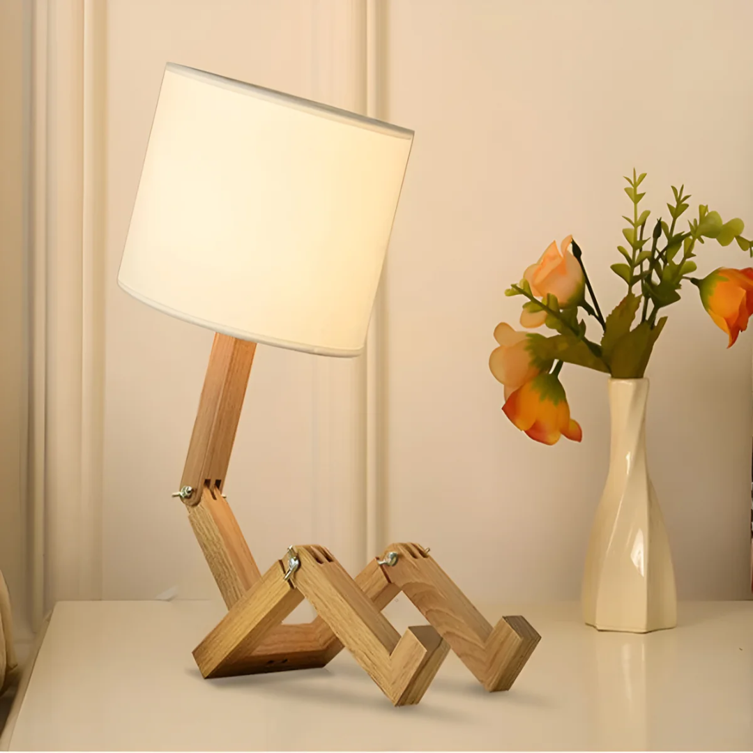 Moderne verstellbare Holz Tischlampe mit Stoffschirm 1-Flammig