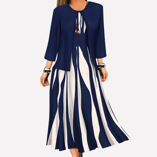 Completo donna composto da camicetta a due pezzi e vestito stampato