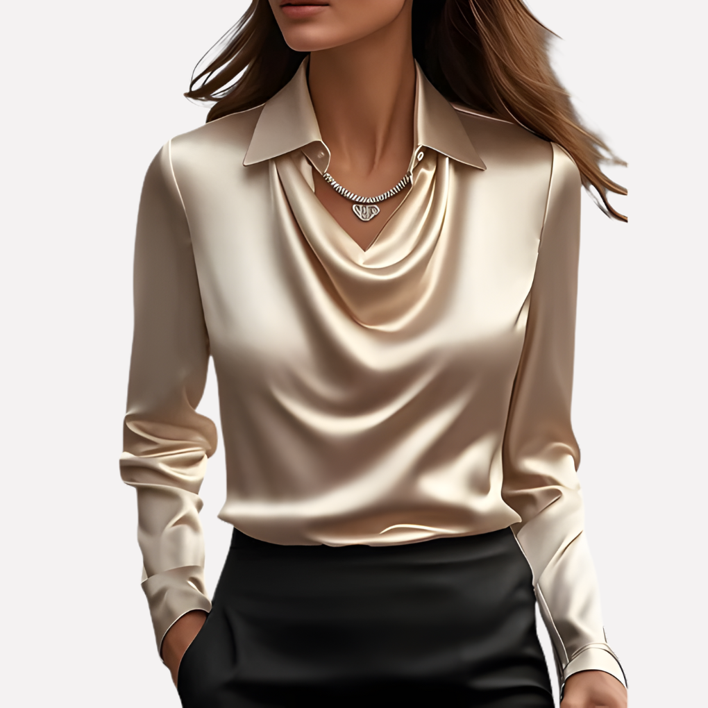 Dame Satinbluse med Draperet Krave