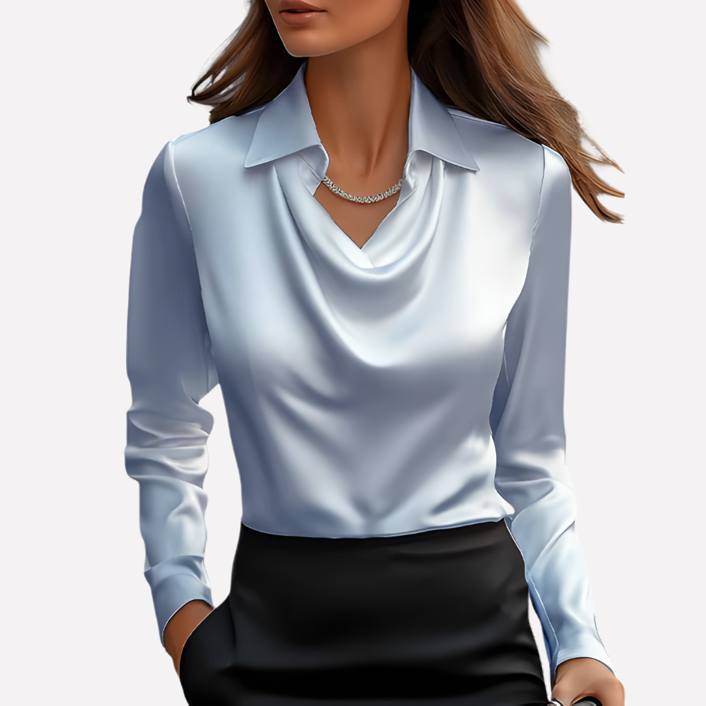 Dame Satinbluse med Draperet Krave