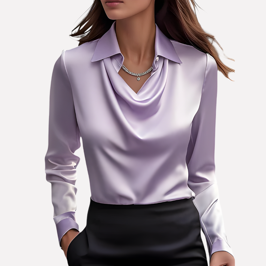 Dame Satinbluse med Draperet Krave