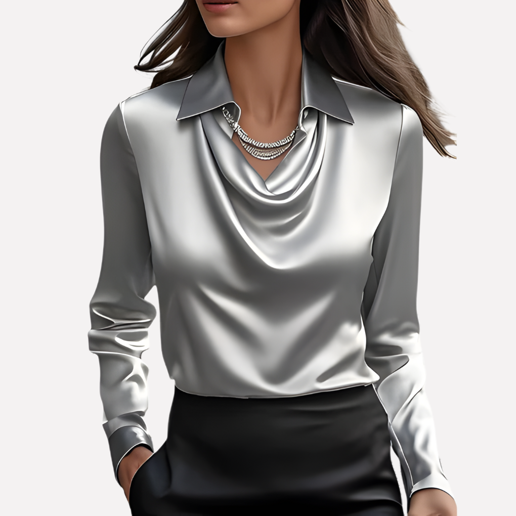 Dame Satinbluse med Draperet Krave