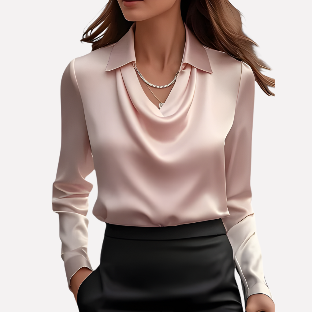 Dame Satinbluse med Draperet Krave