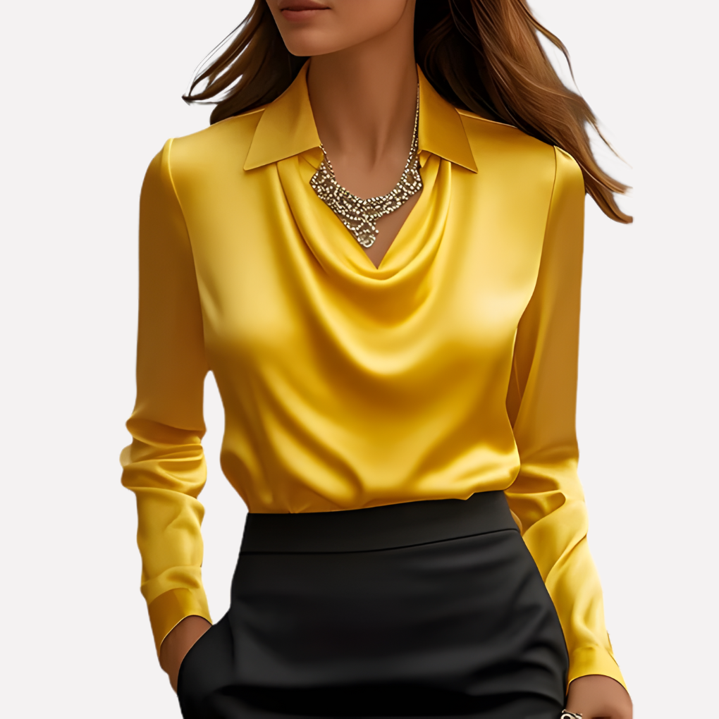 Dame Satinbluse med Draperet Krave