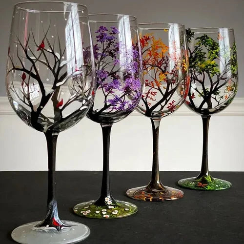 Frosetpro | Hand-Painted Four Seasons Wine Glass – Artistic Glassware for Elegant Moments