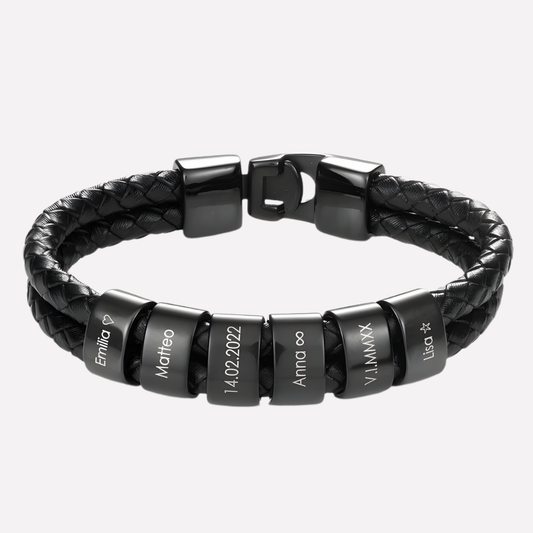 Men's Black Bracelet with Engraved Beads