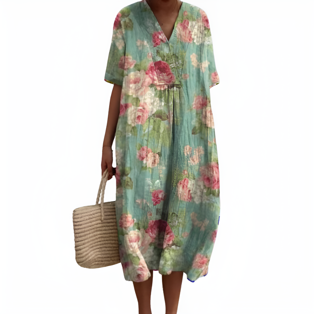 Women’s Floral Summer Dress – V‑Neck &amp; Short Sleeves