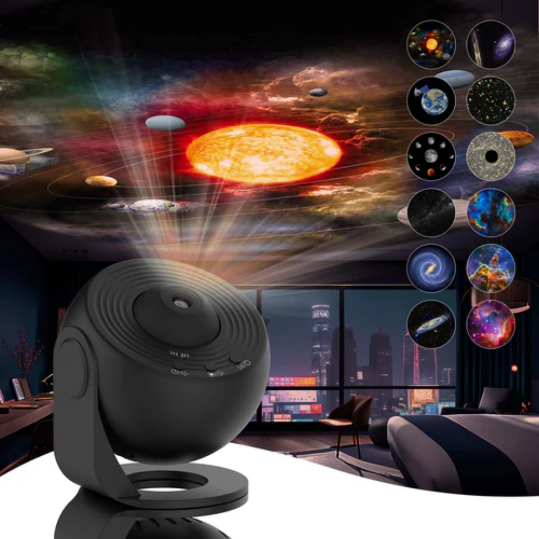 Proyector de galaxias Celestial Dreams con luz estelar giratoria 360° y películas HD