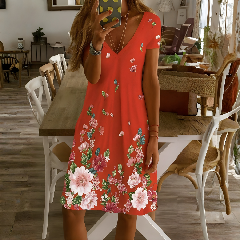 Damenkleid mit V-Ausschnitt und kurzen Ärmeln