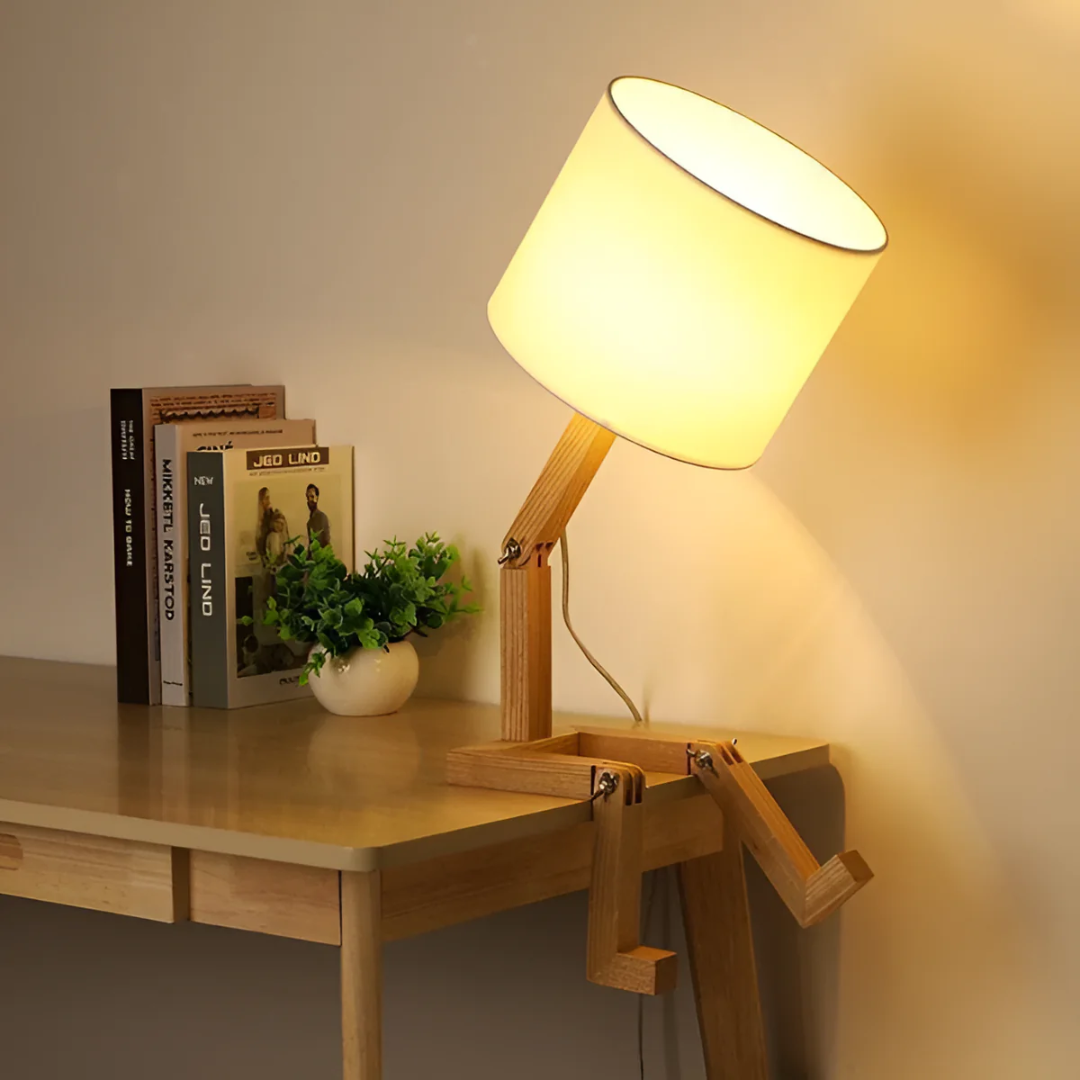 Moderne verstellbare Holz Tischlampe mit Stoffschirm 1-Flammig