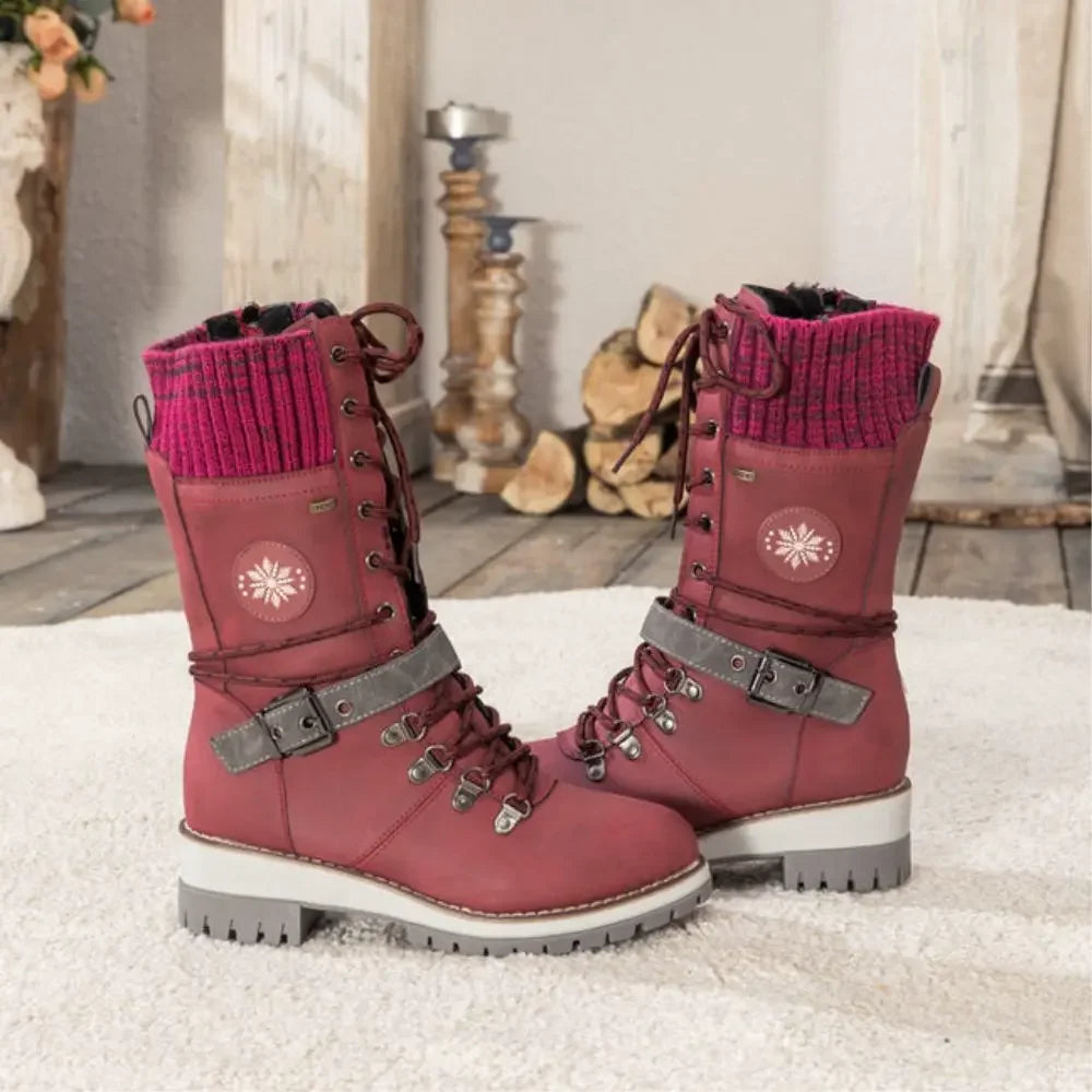 Winterstiefel | Schnürschnee-Stiefel mit Strickbund und Schnallendetail