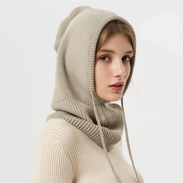 Puili | Berretto invernale a maglia | Stile passamontagna con cappuccio | Isolamento termico rinforzato in misto lana | Regolazione con coulisse | Copricapo antivento ad alto volume