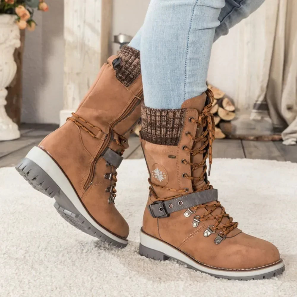 Winterstiefel | Schnürschnee-Stiefel mit Strickbund und Schnallendetail