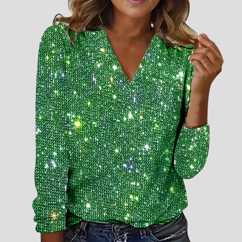 Elegante V-Ausschnitt Glitzerbluse mit langen Ärmeln