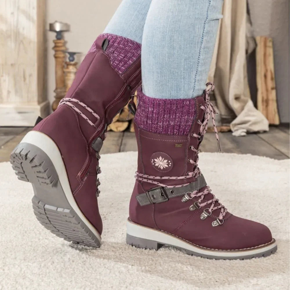 Winterstiefel | Schnürschnee-Stiefel mit Strickbund und Schnallendetail