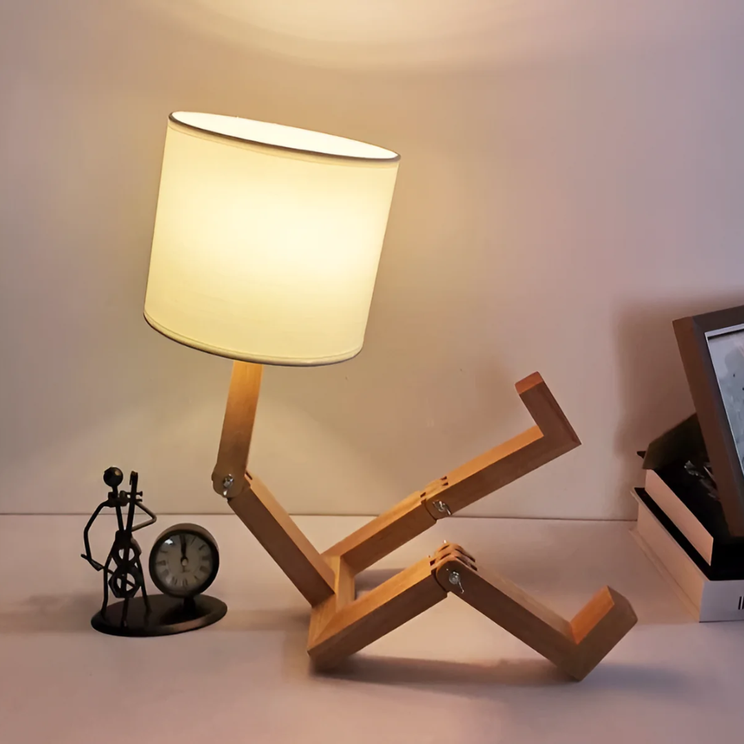 Moderne verstellbare Holz Tischlampe mit Stoffschirm 1-Flammig