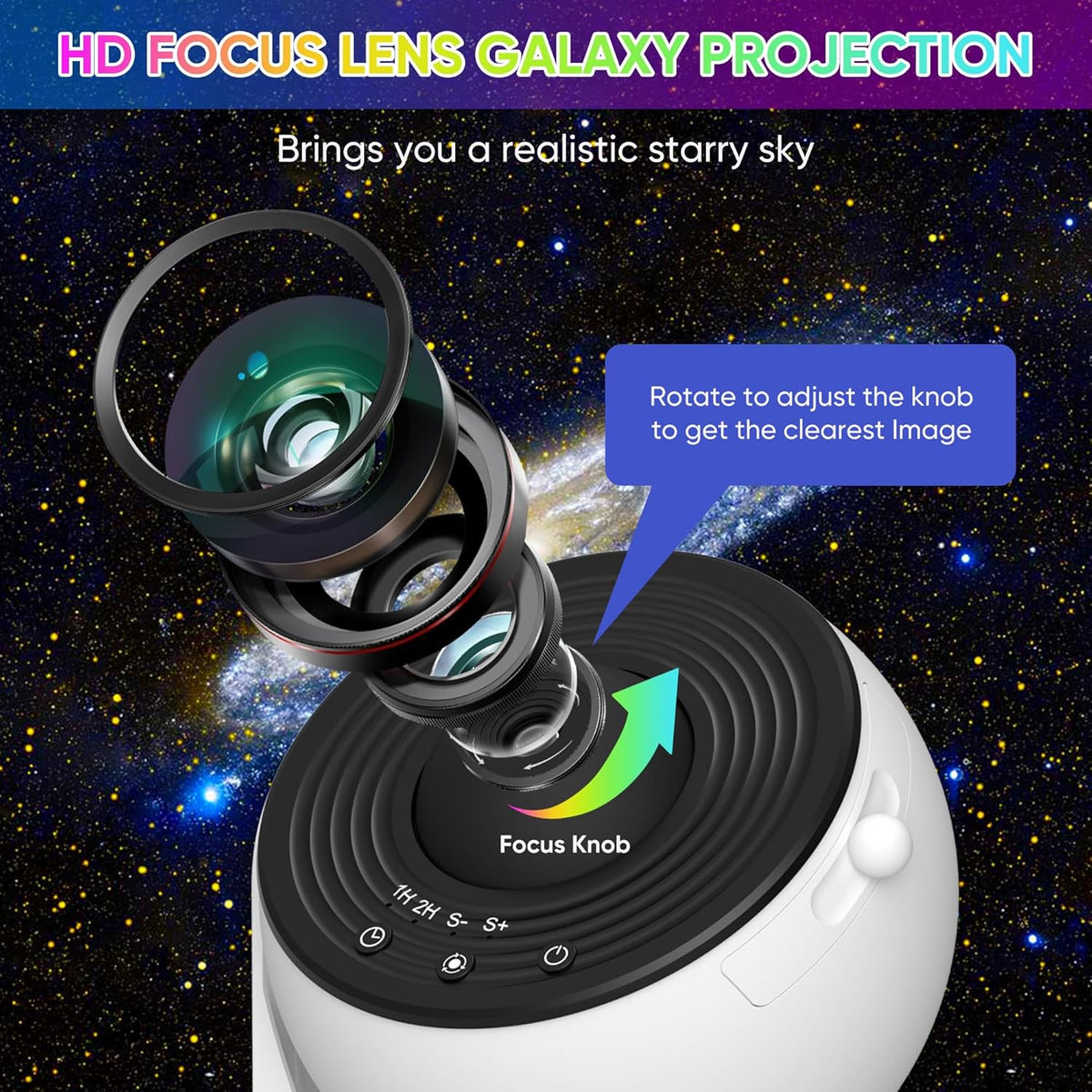 Proyector de galaxias Celestial Dreams con luz estelar giratoria 360° y películas HD