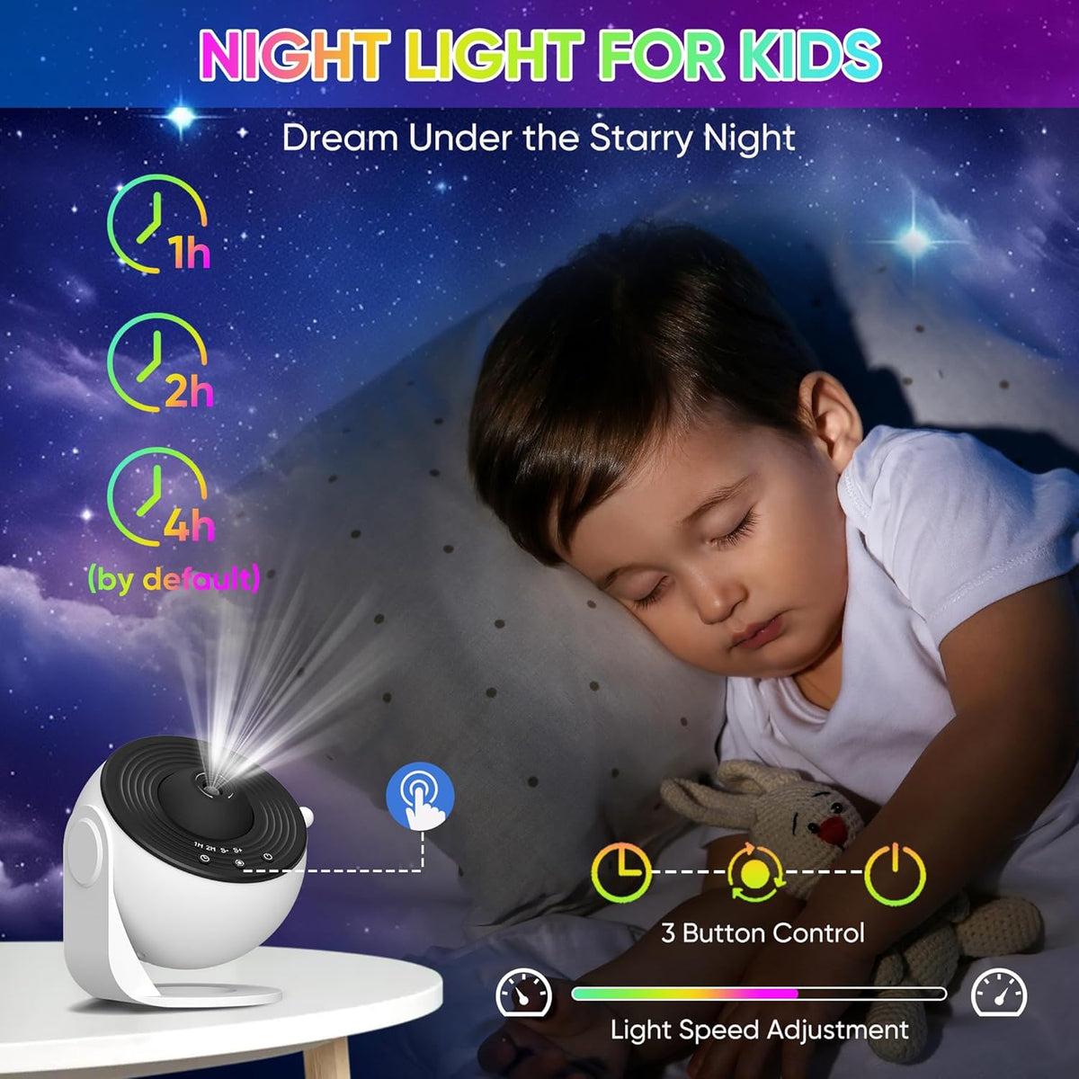 Proyector de galaxias Celestial Dreams con luz estelar giratoria 360° y películas HD