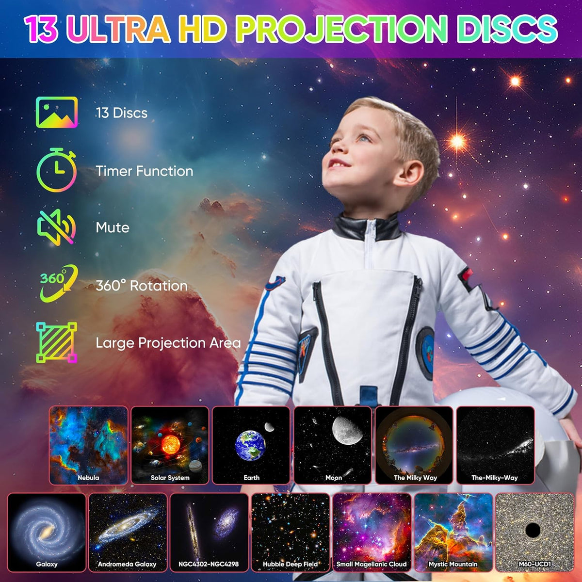 Proyector de galaxias Celestial Dreams con luz estelar giratoria 360° y películas HD