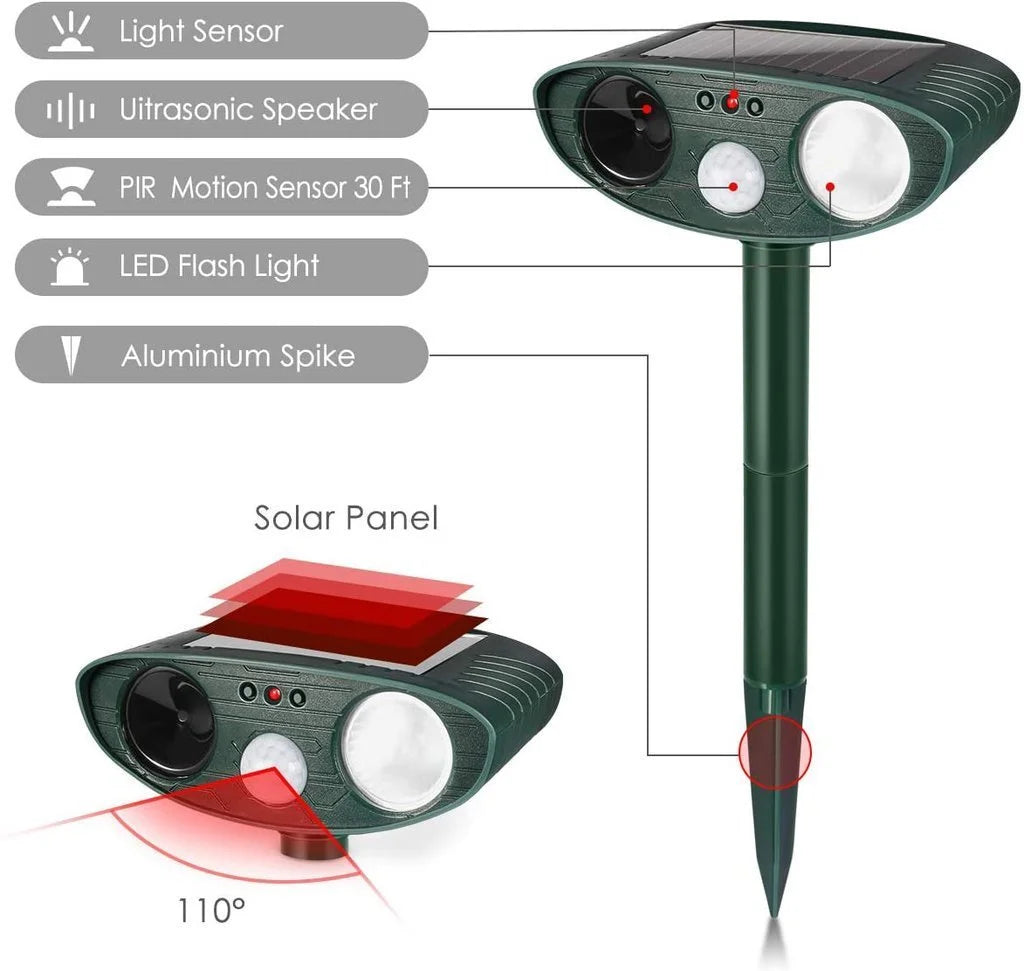 Repelente ultrasónico para ciervos - Paquete de 4 con energía solar - Elimina ciervos en 48 horas