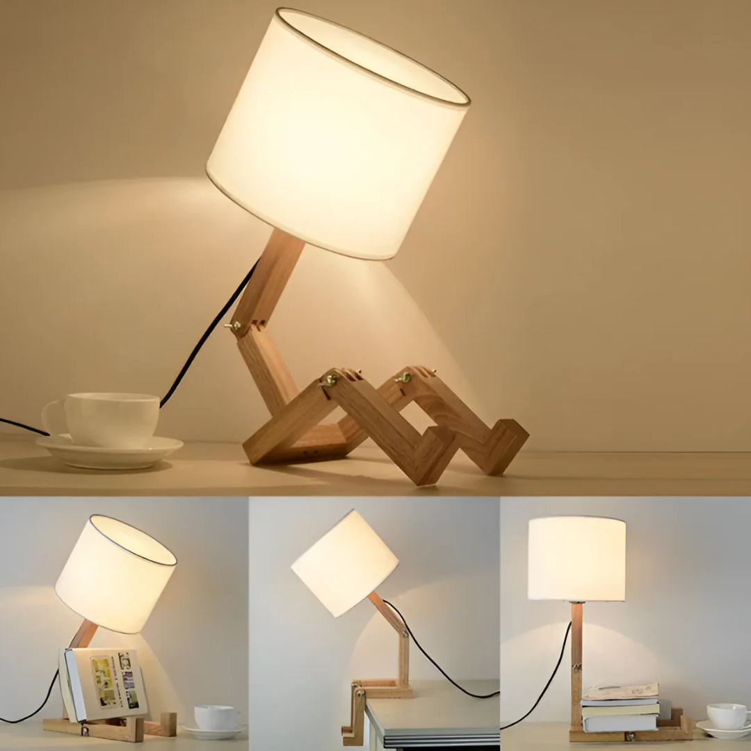Moderne verstellbare Holz Tischlampe mit Stoffschirm 1-Flammig
