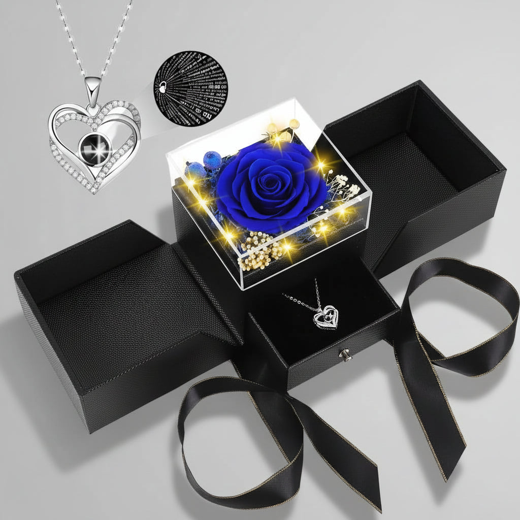 Konservierte rote echte Rosen im Geschenkbox, „Ich liebe dich“-Halskette