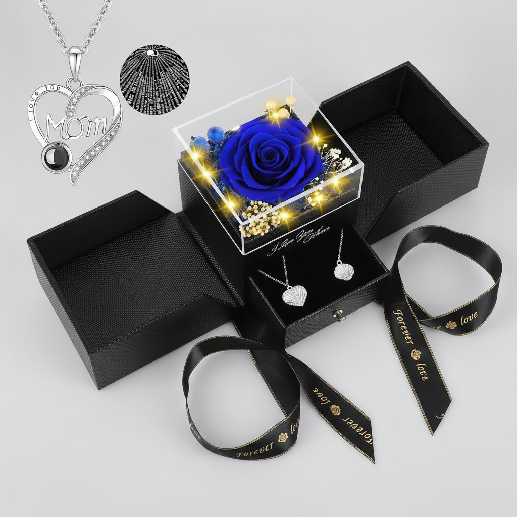 Konservierte rote echte Rosen im Geschenkbox, „Ich liebe dich“-Halskette