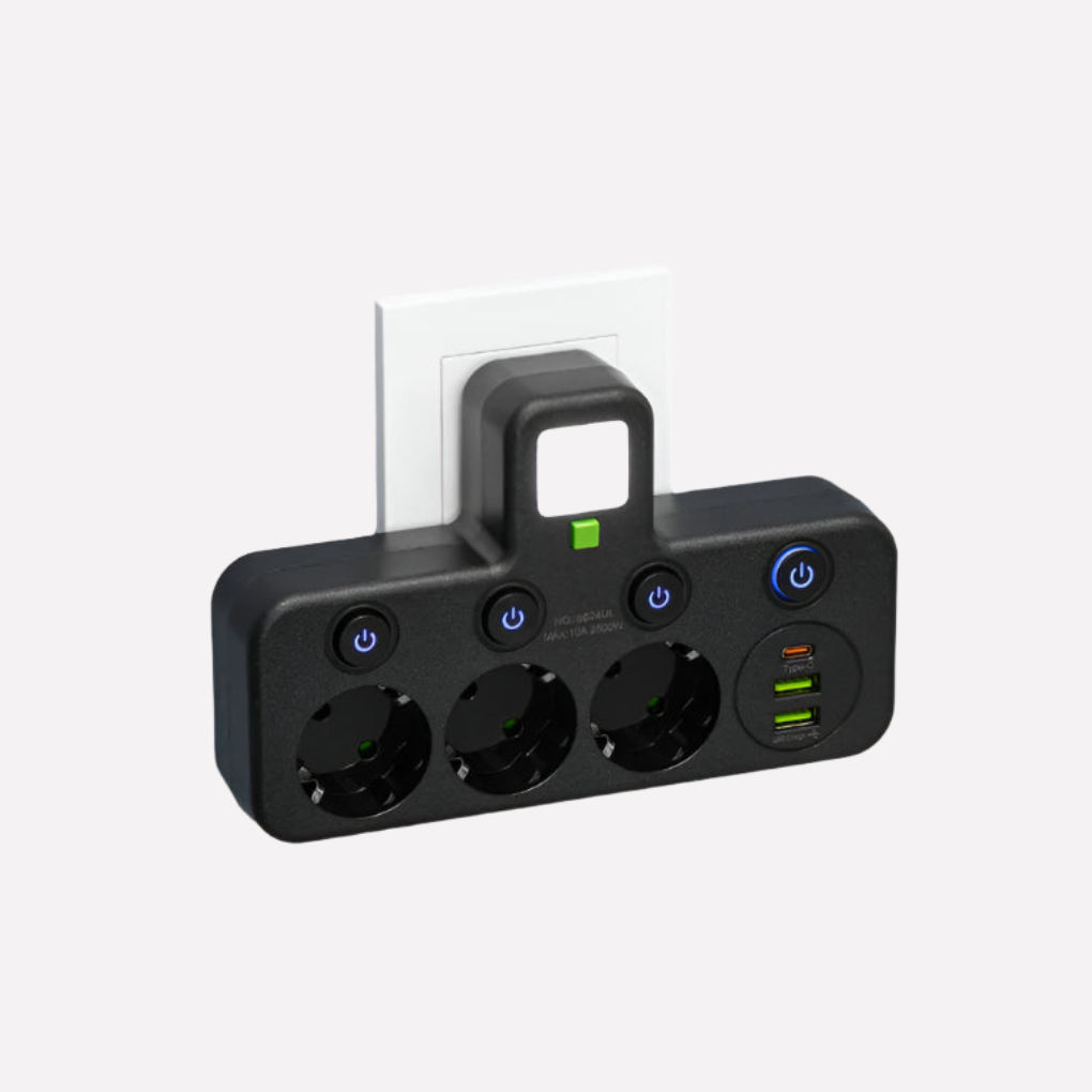 Strømfordeler med USB- og Type-C-porte