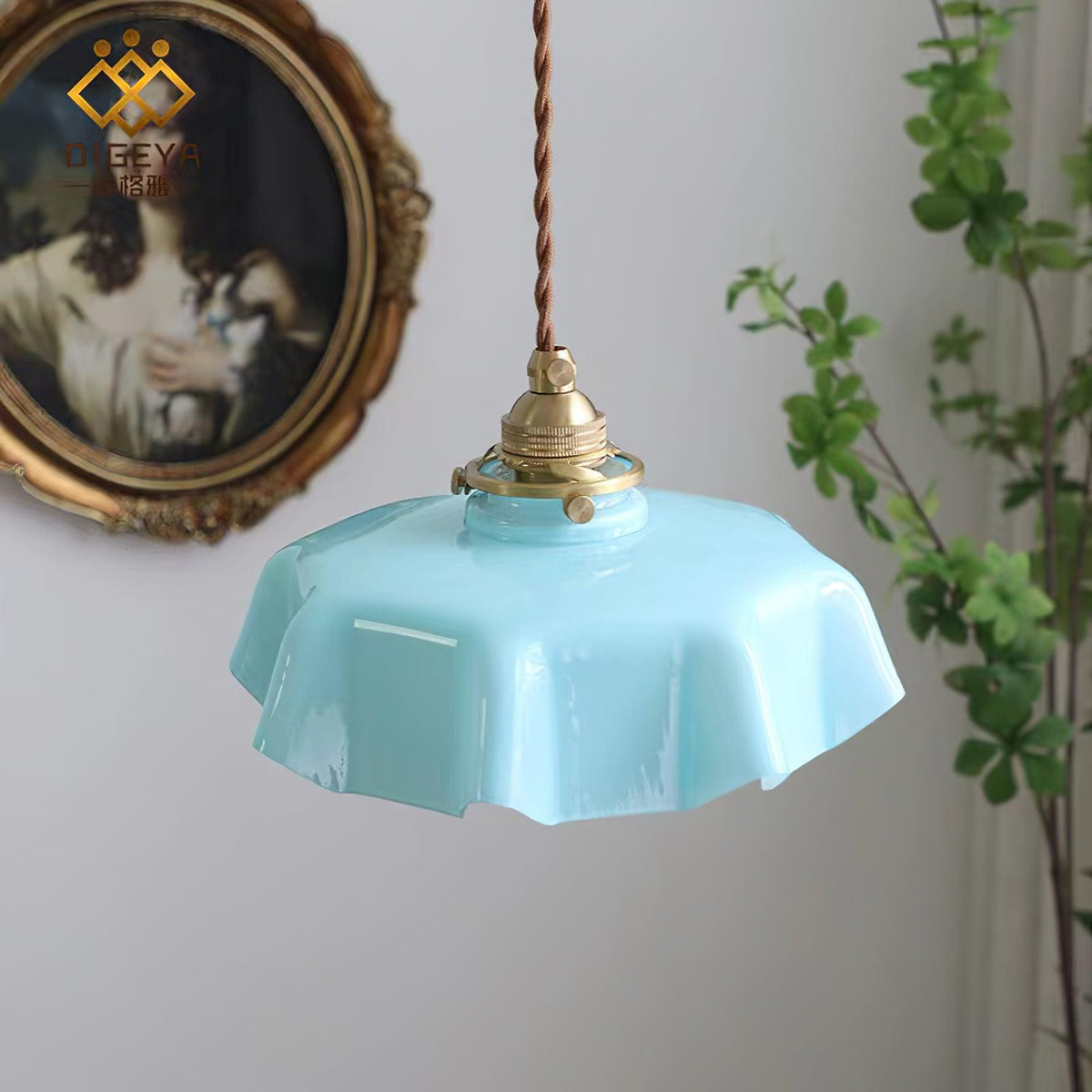 French Ruffled Glass Brass Pendant Light 1-Light