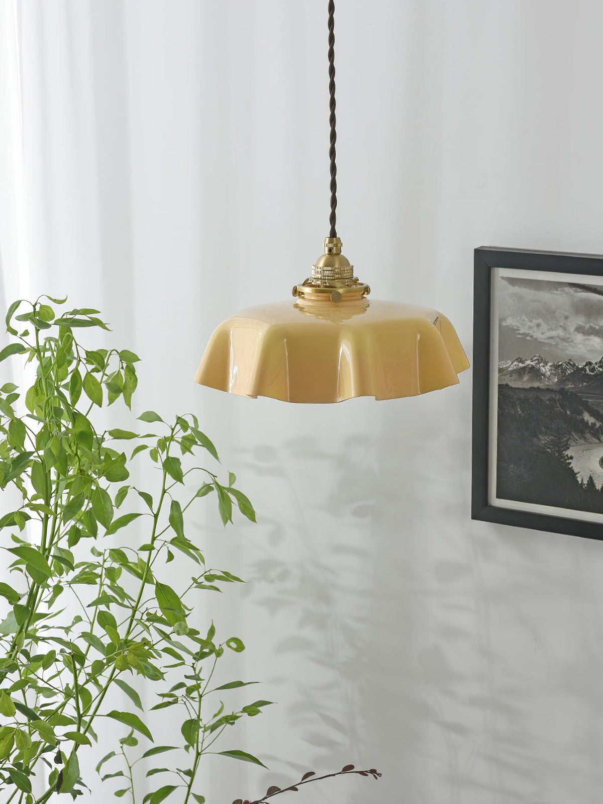 French Ruffled Glass Brass Pendant Light 1-Light