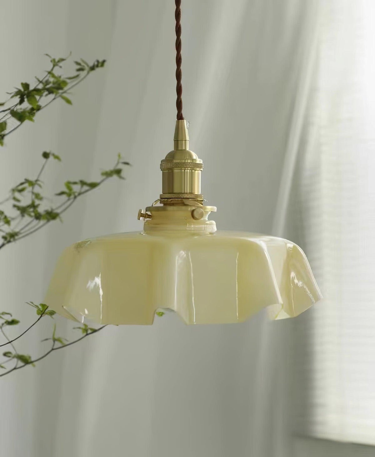 French Ruffled Glass Brass Pendant Light 1-Light