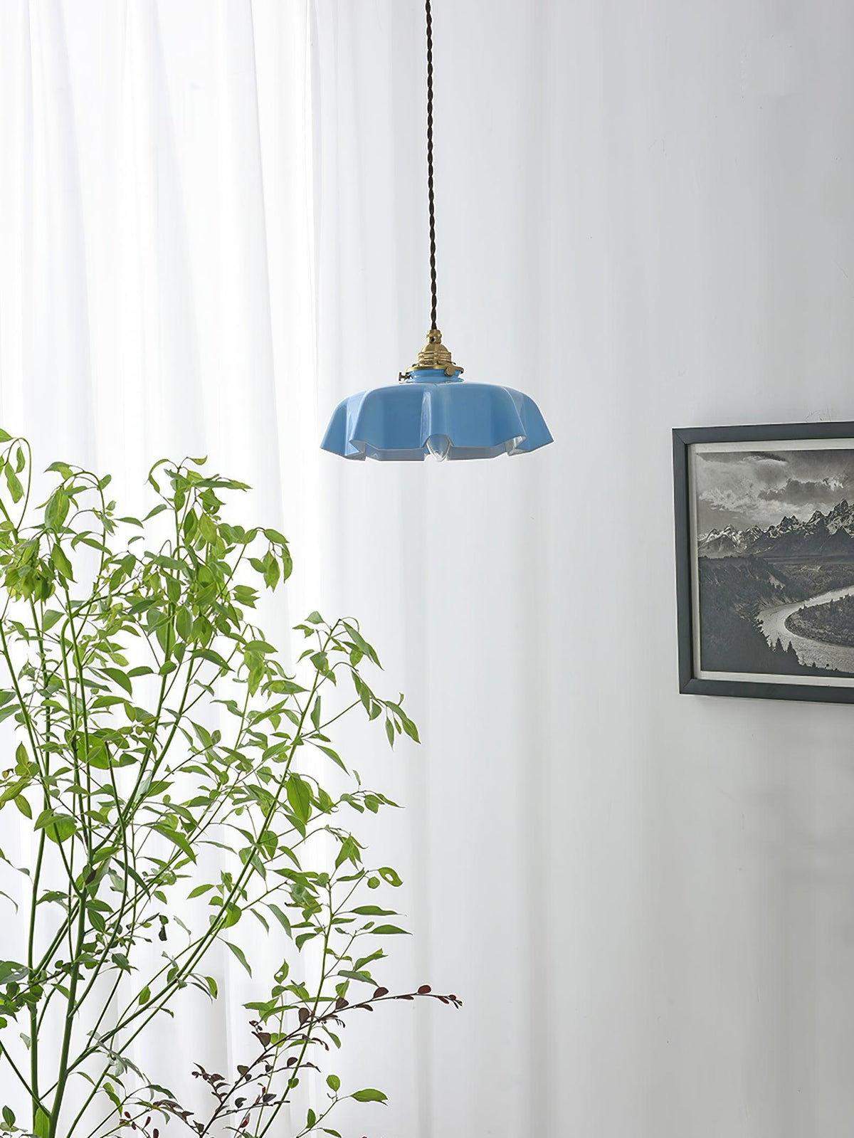 French Ruffled Glass Brass Pendant Light 1-Light