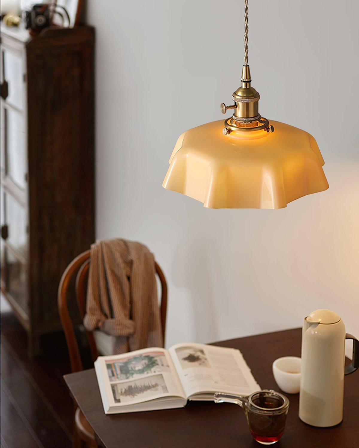 French Ruffled Glass Brass Pendant Light 1-Light