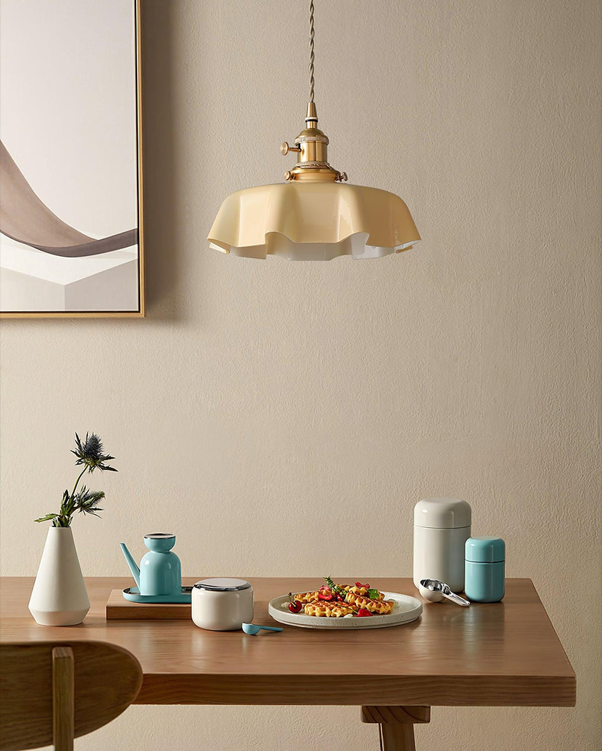 French Ruffled Glass Brass Pendant Light 1-Light