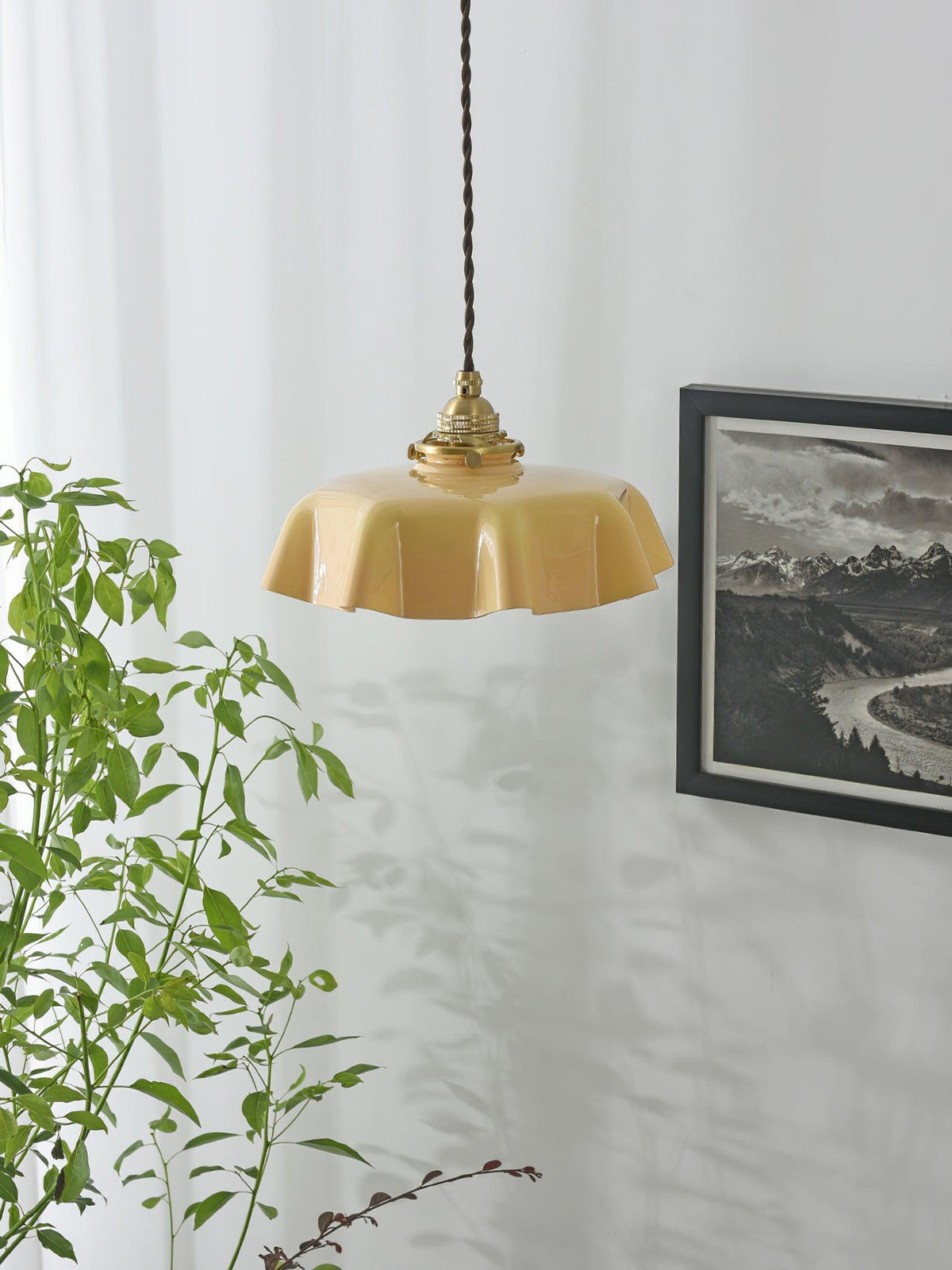 French Ruffled Glass Brass Pendant Light 1-Light