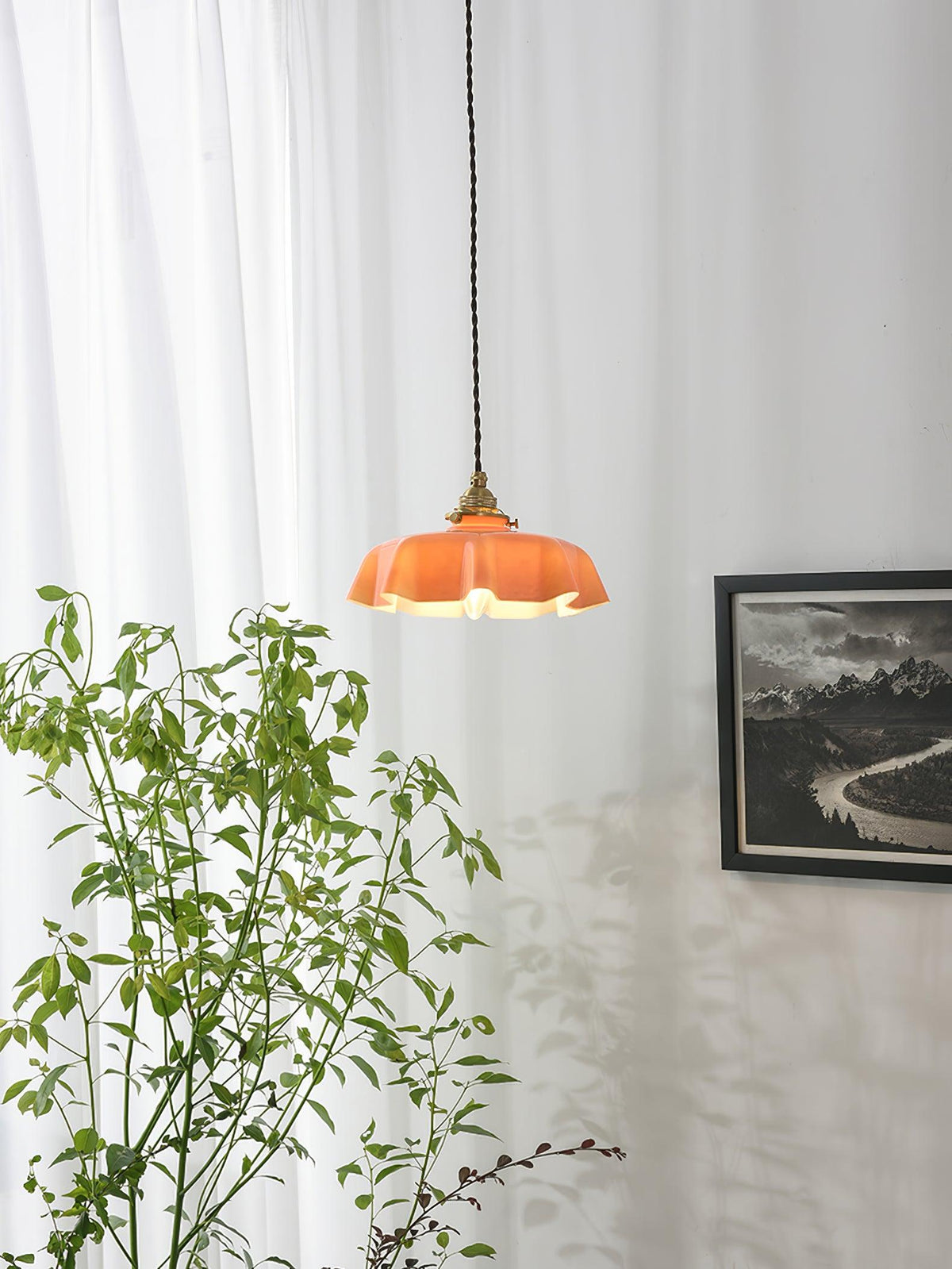 French Ruffled Glass Brass Pendant Light 1-Light