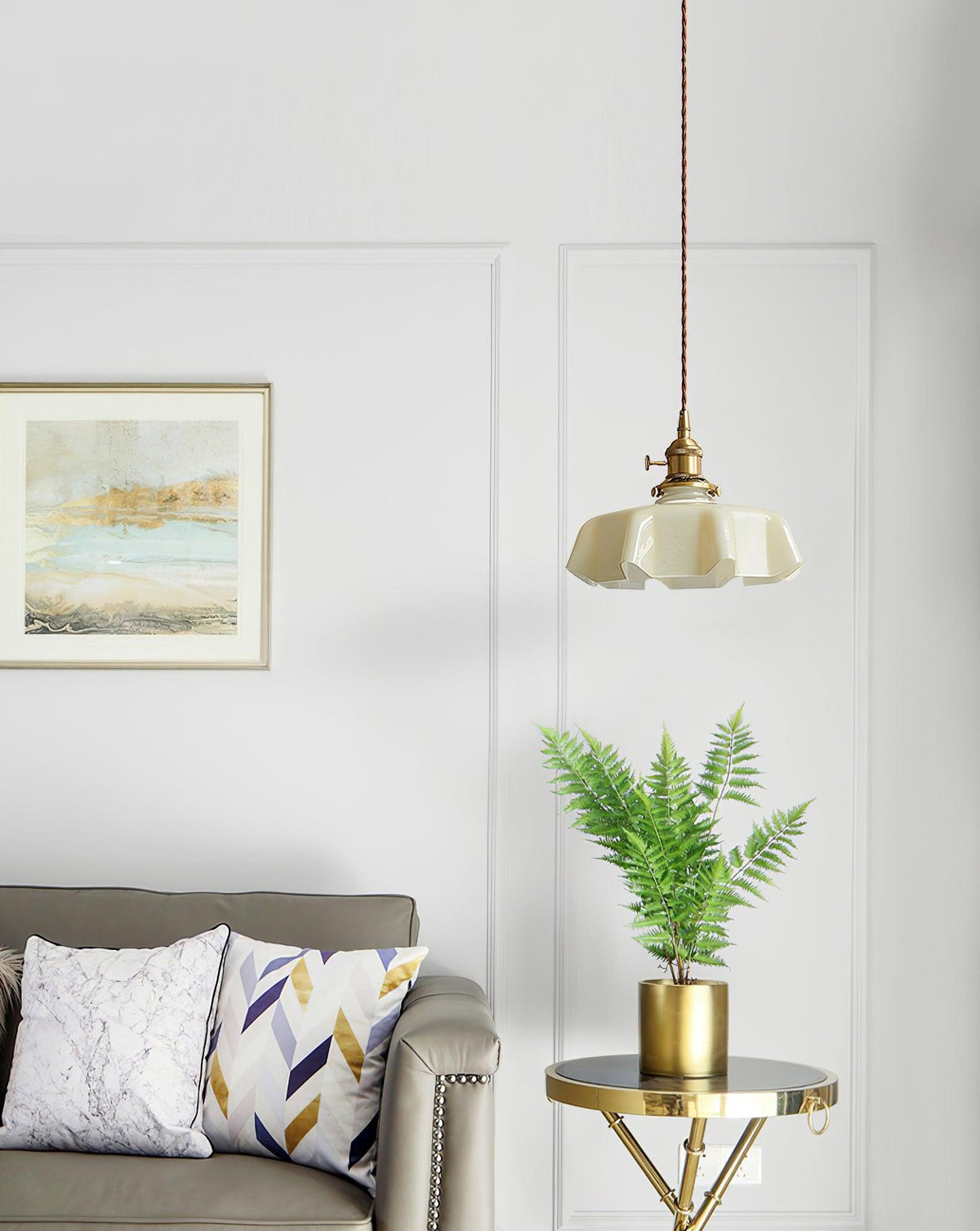 French Ruffled Glass Brass Pendant Light 1-Light