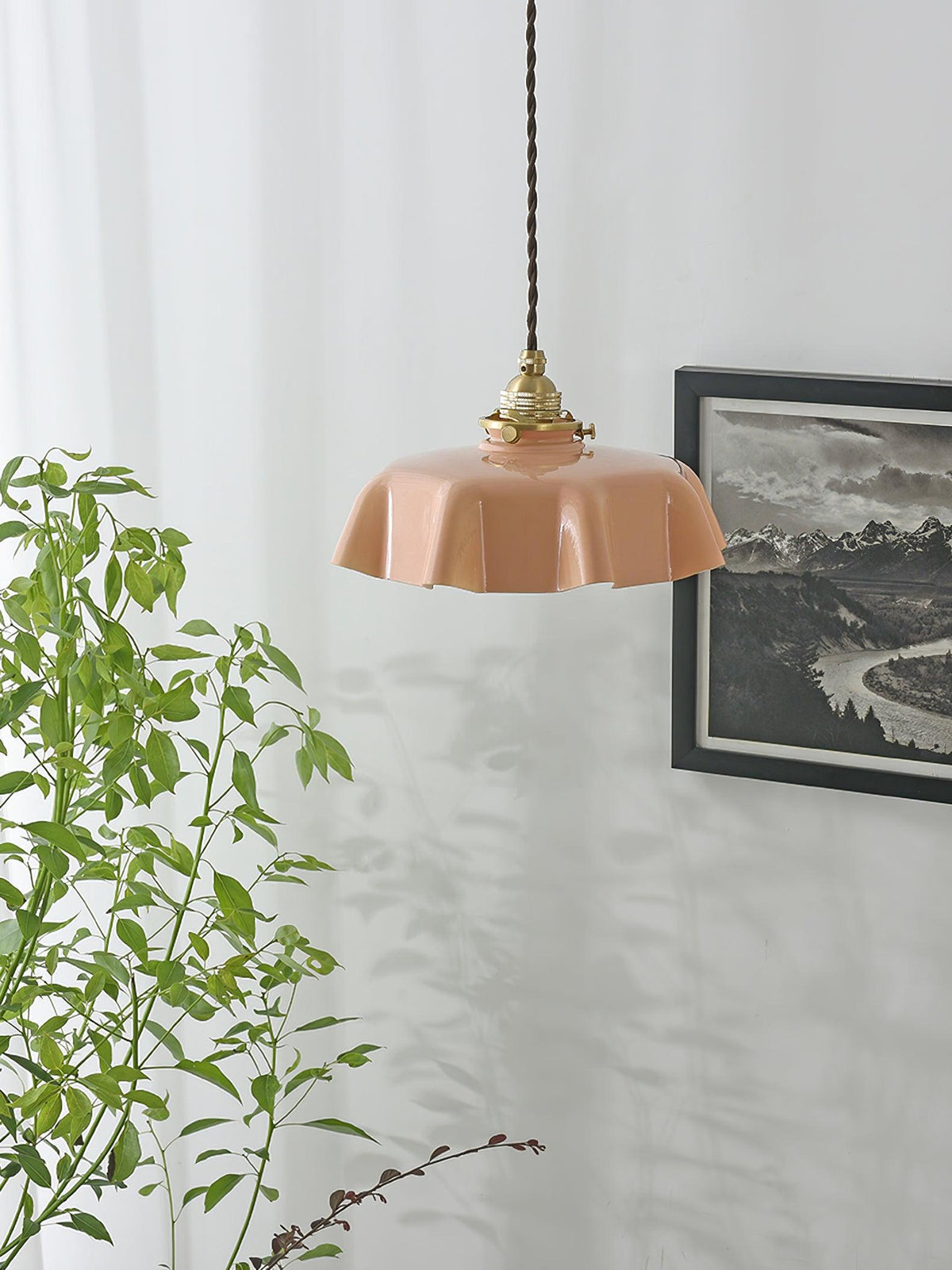 French Ruffled Glass Brass Pendant Light 1-Light