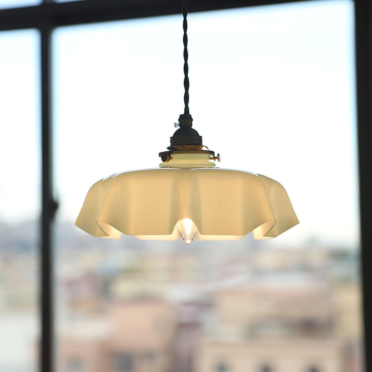 French Ruffled Glass Brass Pendant Light 1-Light