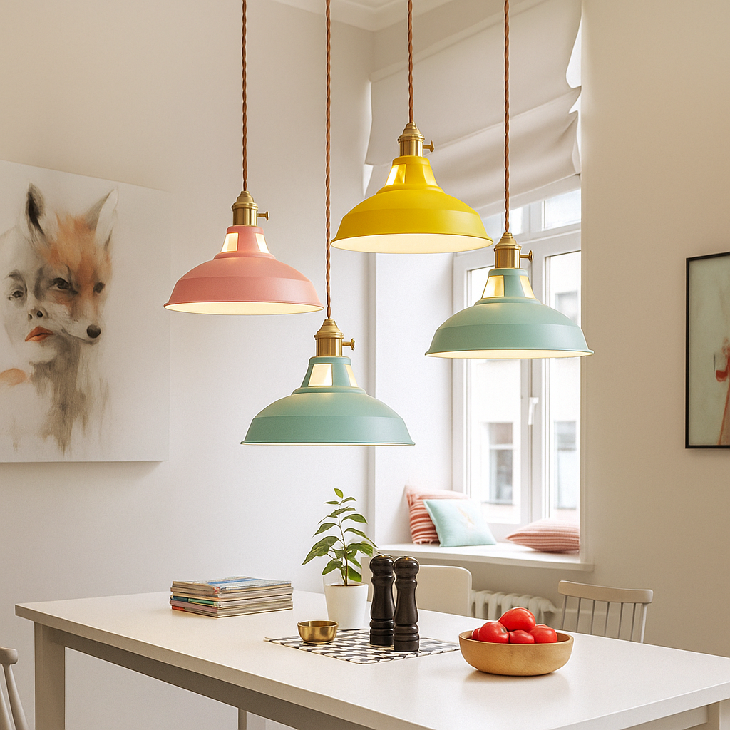 Lámpara colgante LED industrial con cúpula metálica colorida de 1 luz