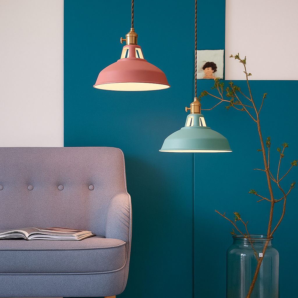 Lámpara colgante LED industrial con cúpula metálica colorida de 1 luz