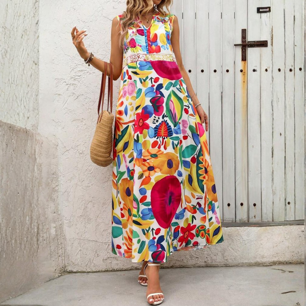 Women’s Colorful Floral V‑Neck Sleeveless Dress