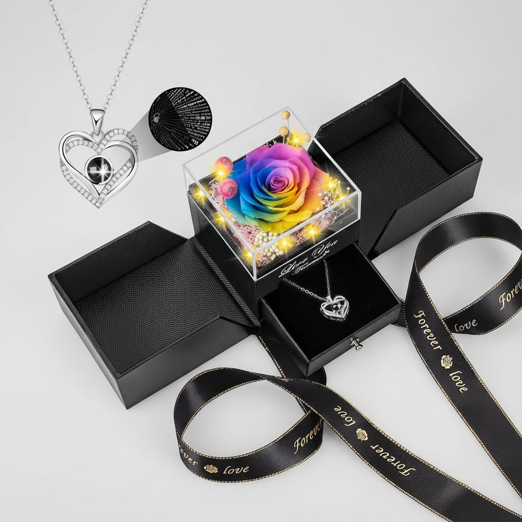 Konservierte rote echte Rosen im Geschenkbox, „Ich liebe dich“-Halskette